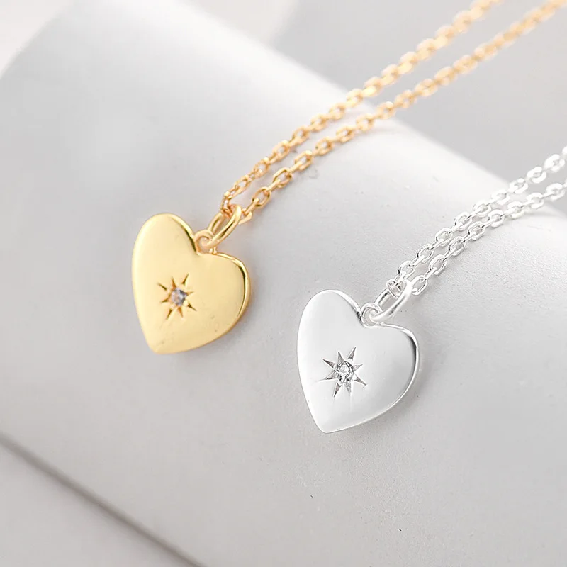 Fashionable pendant eight-pointed star carved love heart-shaped jewelry gold-plated 925 sterling silver necklace for women