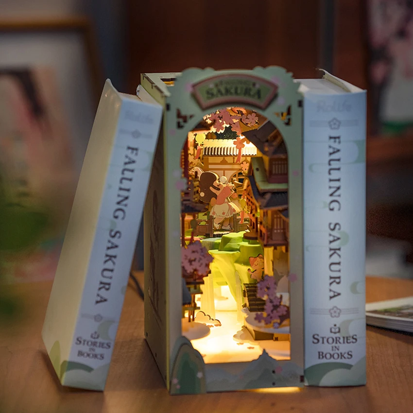 Robotime Rolife Contact Get 25% off 3D Wooden Puzzles TGB05 Falling Sakura Book Nook  DIY Miniature Doll House