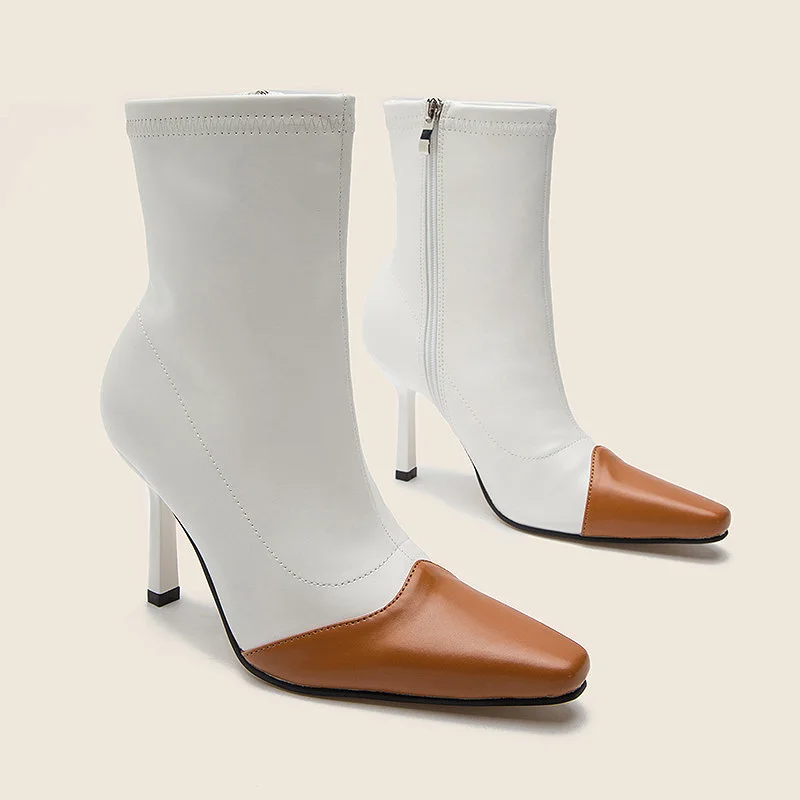 2024 Fashion European Style Double Color Stitching Ladies Thin Heel Boots Luxury Dress Ankle Boots Heels for Women