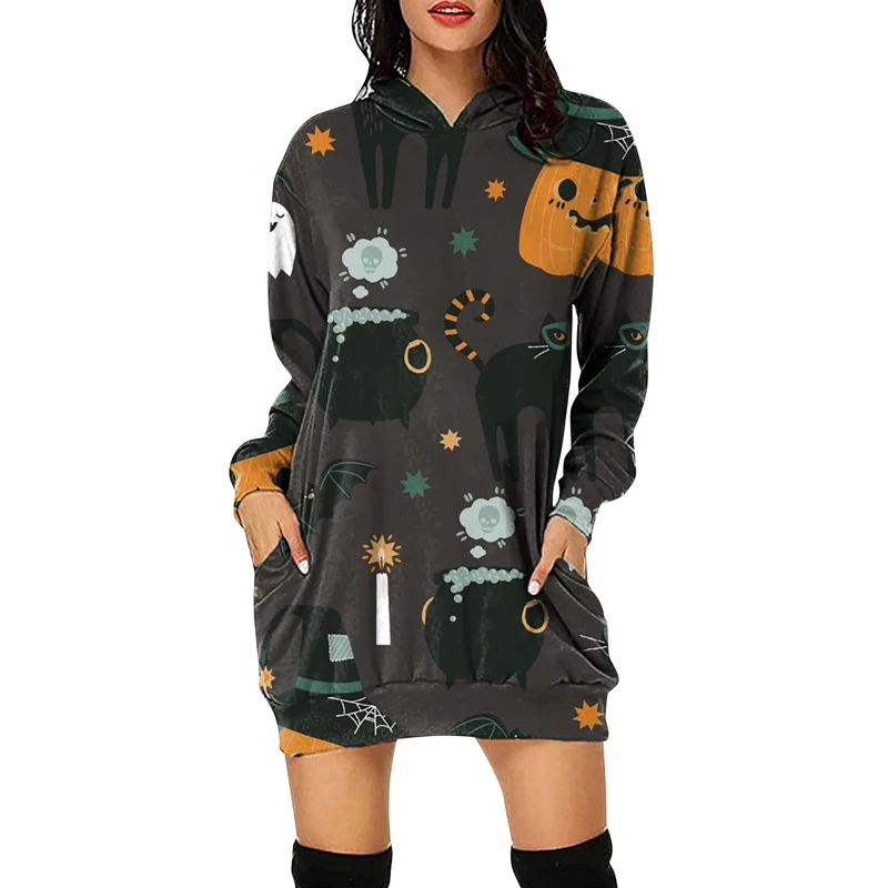 Happy Halloween Pumpkin Pattern Long Sleeve Midi Dresses Casual Pockets Oversized Hoodie Dress