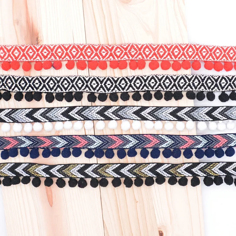 Wholesale Jacquard Pattern Pompom Lace Trims Pom Tassel Fringe Sewing on Webbing for Garment Textile Accessories