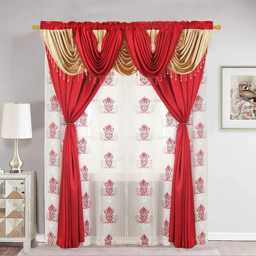 China Wholesale Modern Europe Style Crush Satin Valance Curtains for the Living Room Luxury Window Curtain Set