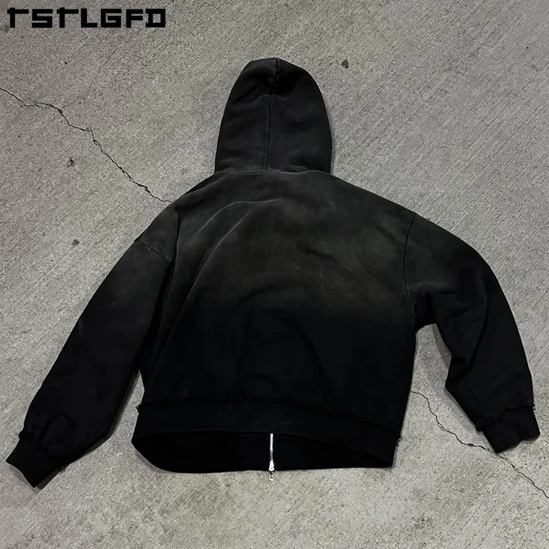 Custom Heavyweight 400 500 Gsm Terry Fleece Zip Jacket Cropped Oversized Boxy Fix Distressed Acid Wash Double Zipper Hoodies Men