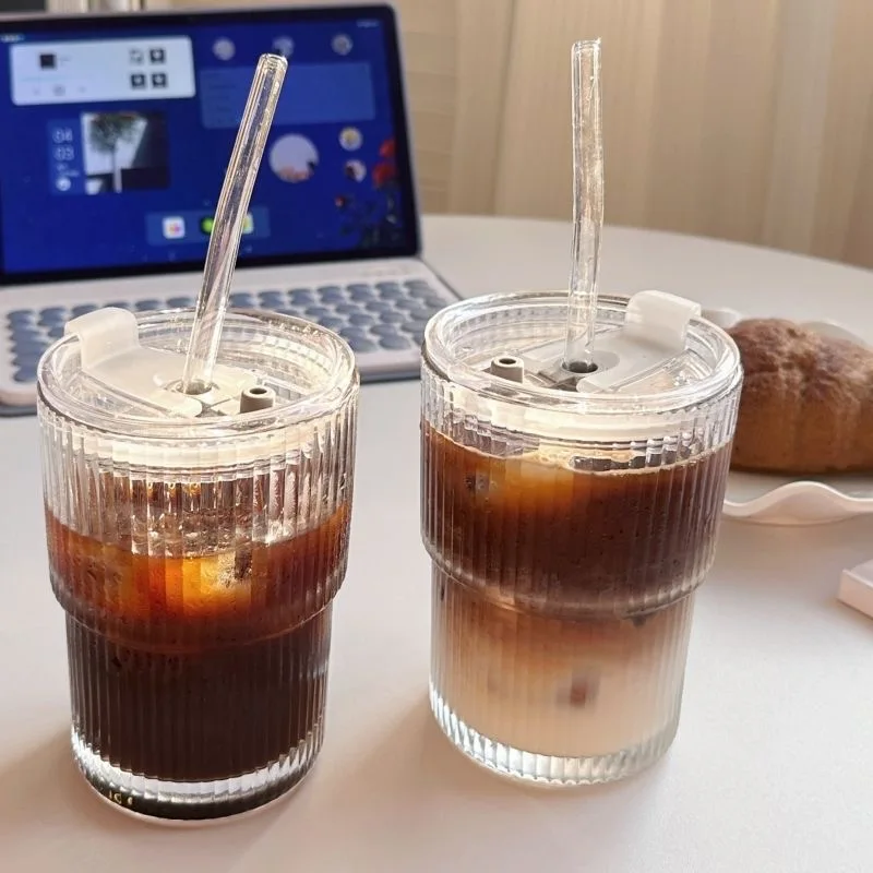400ML  Clear Drinking Tumbler  Reusable Travel Coffee Glass Mug Cup Children Milk Cup With Straw And Lid