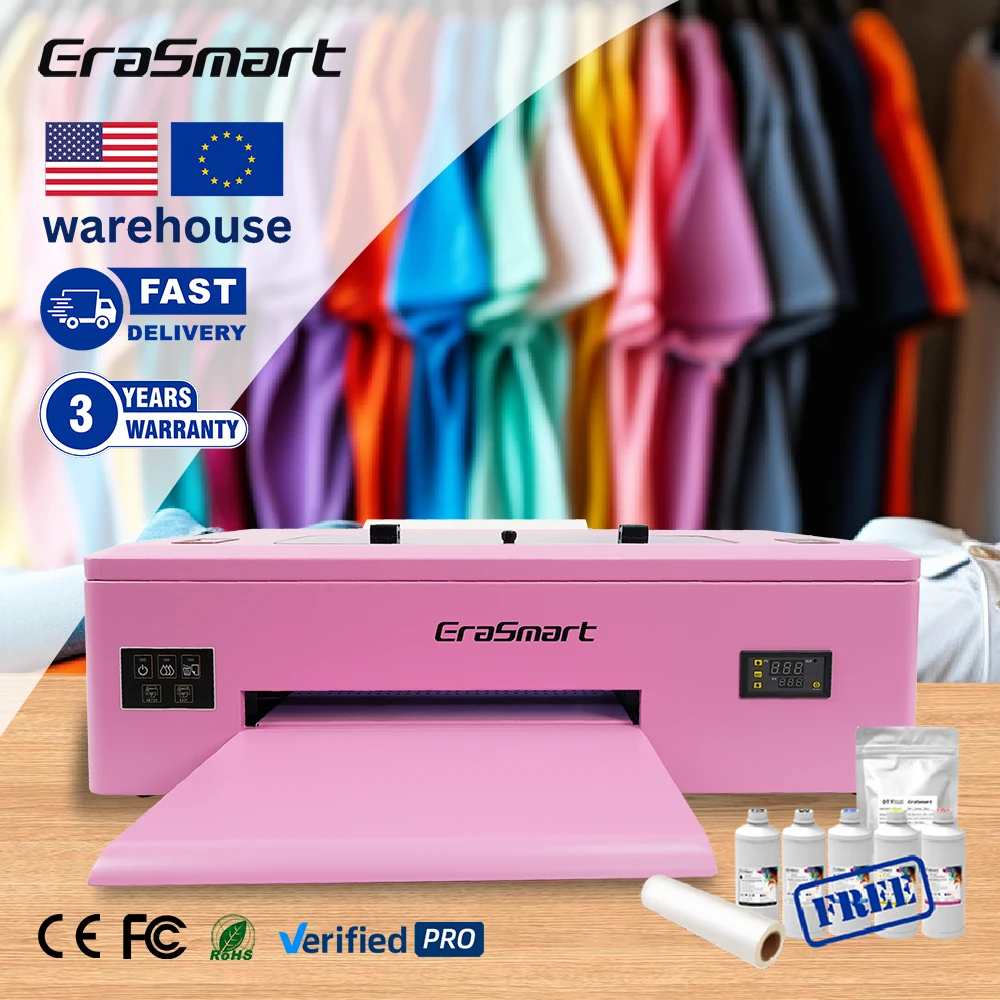 Erasmart L1800 1390 Pink Digital Print Head High Speed Automatic Tshirt Screen Printing Machine A3 30Cm Dtf Printer