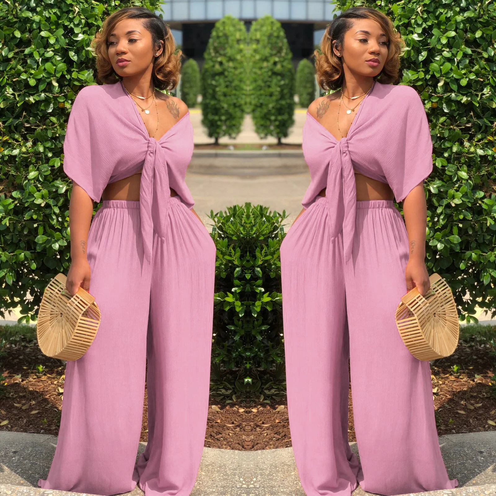 A7003 2022 new summer clothing casual off shoulder tie blouse sexy bandage custom logo wide leg pants set women two piece suit