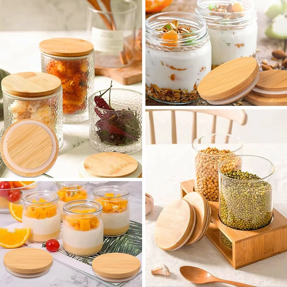 Custom Bamboo Lid Eco-friendly Reusable Round Seal Lid Drink Mason Jar Storage Cup Candle Jar Bamboo Lid With Seal Ring