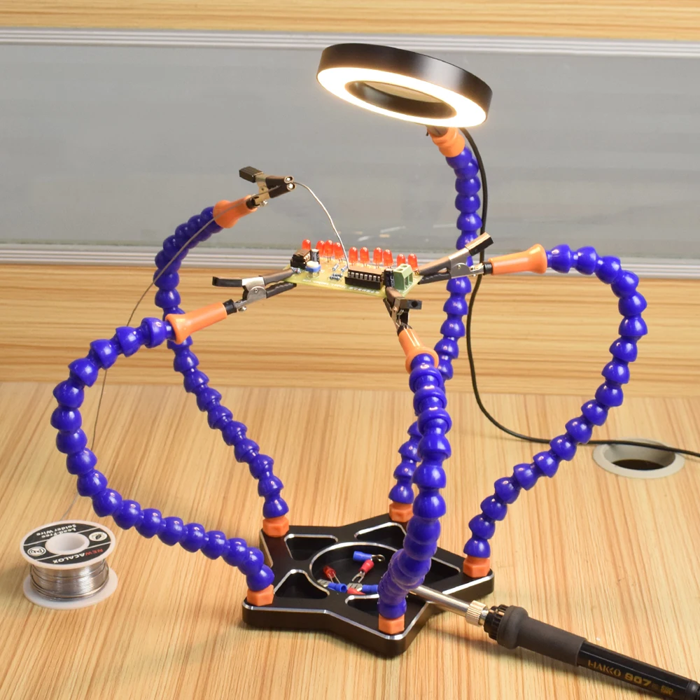 Soldering Third Hand Soldering Station 5Pcs Flexible Arms with 3X LED Magnifying Glass for Aircraft PCB Welding Repair Holder