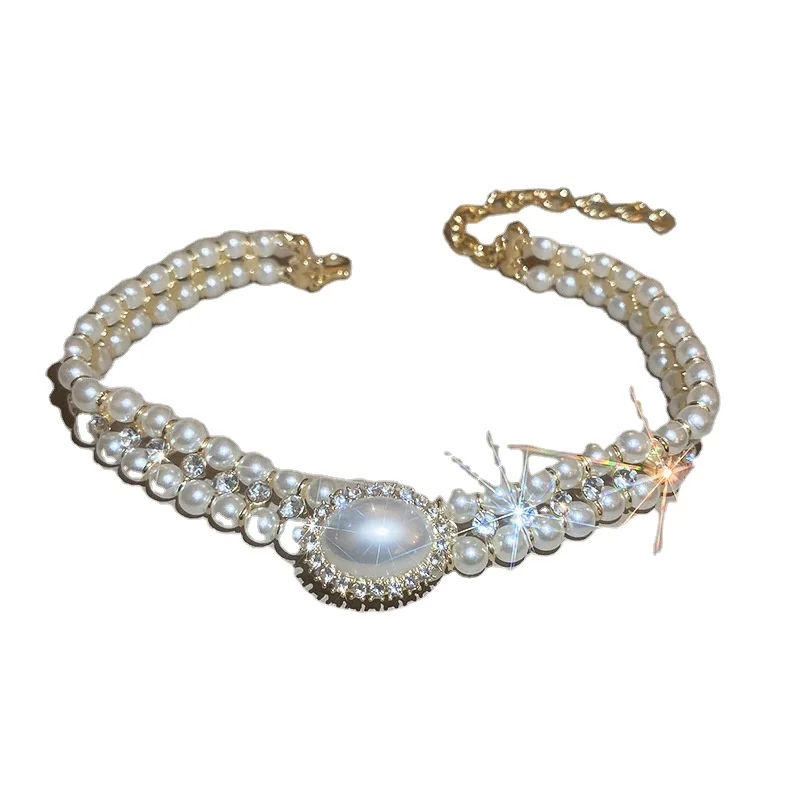 C&J Vintage Mapei pearl necklace earring set court style banquet rhinestone short chain prom party dating bridal wedding jewelry