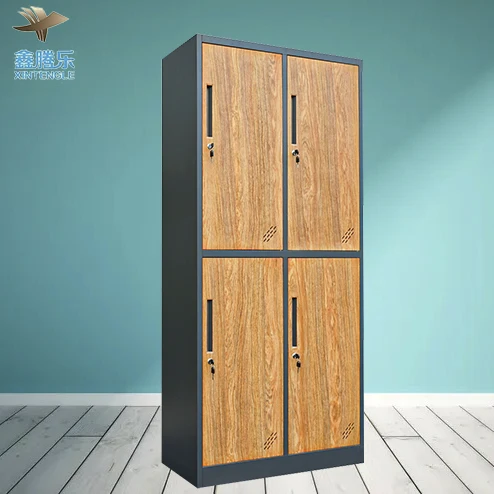 4-Door Personal Use Steel Wardrobe with Transfer Wood Grain Design Bedroom Furniture with Shelves for Home or School