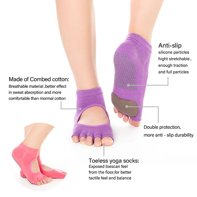 Yoga Socks Non-Slip Grips for Pilates Ballet Dance Barefoot Workout Cotton Open Toe Women Sports Socks