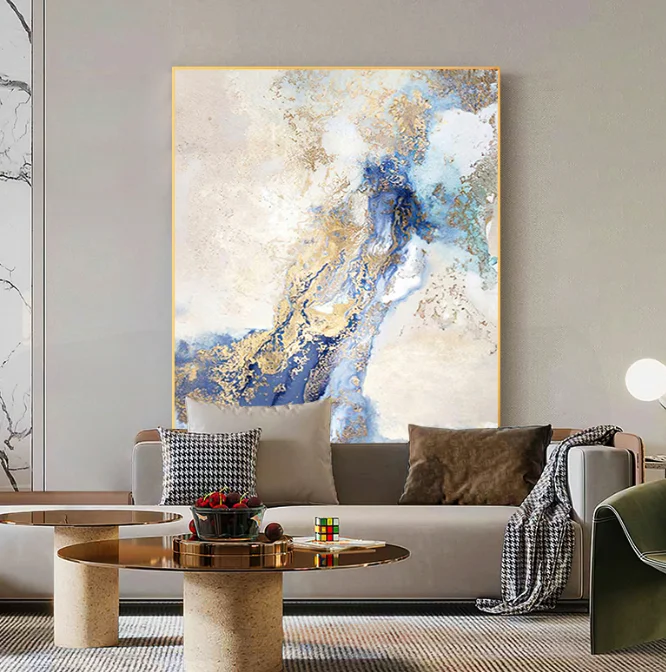Framed Large Blue Gold Leaf Canvas Wall Art Decor Abstract Oil Painting for Living Room