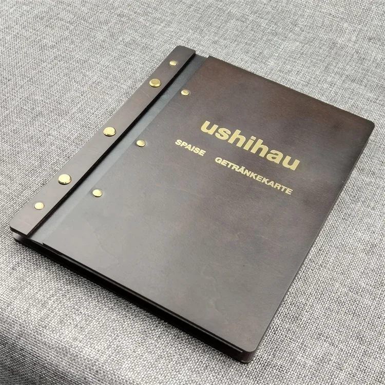 Customized Luxury Leather Strap Bamboo Wooden Cover Notebook Menu File Folder for Restaurant Hotel Wine Bar
