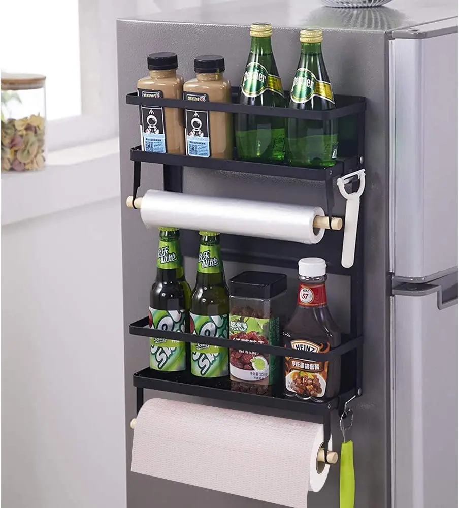 Magnetic Fridge Organizer, Magnetic Spice Rack with Paper Towel Holder and 5 Mobile Hooks, 4-Tier Magnetic Refrigerator Shelf