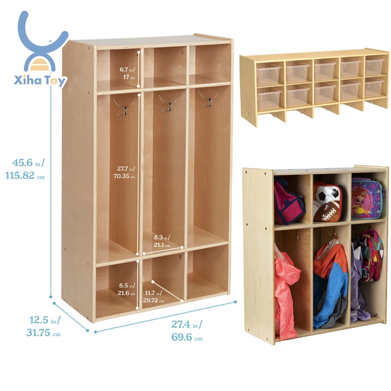 XIHA Montessori Kindergarten Furniture Birch Wooden Coat School Bag Lockers With Coat Hooks 3-Shelf Preschool Cubbies For Kids