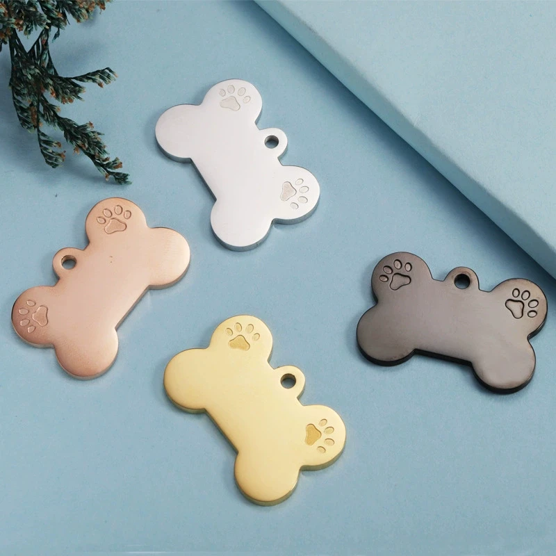 2023 mirror polishing gold stainless steel dog paw pendant accessories engravable logo dog bone shape pendant for keychain