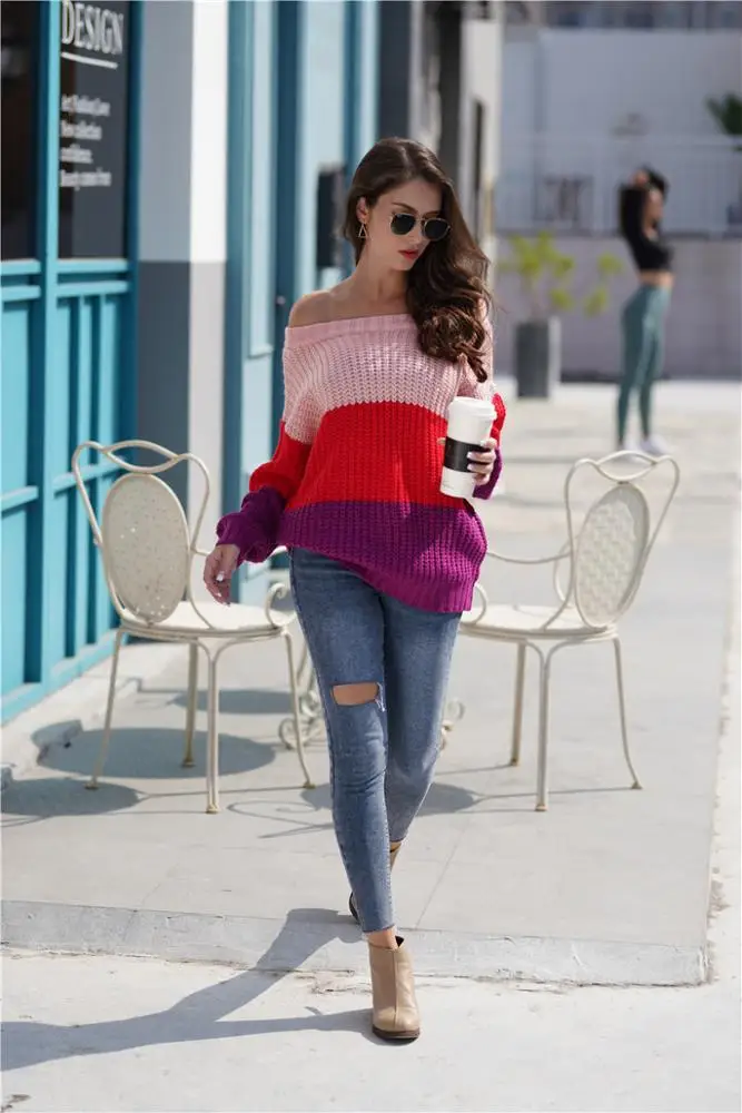 
2019 Amazon New Patchwork Sweaters Autumn Winter Women Striped Pullover Sweaters Off Shoulder Sexy Sweaters Women 