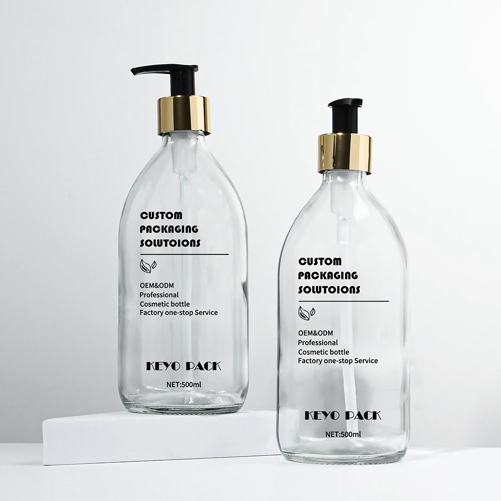 Custom Color Logo Clear Transparent 500ml Glass Body Skincare Shampoo Wash Bottle with Pump Seal Empty Cosmetic Lotion Container