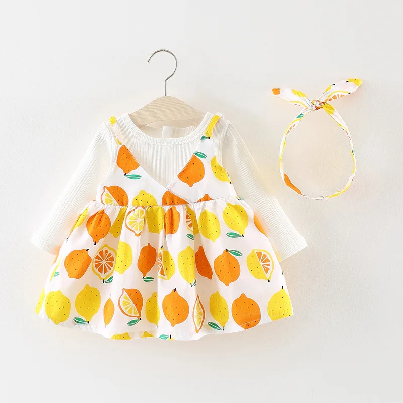 2 piece/set  Kids lemon printing suspender Dress patchwork baby solid cotton top shirt + headband Girls Smocked Dresses