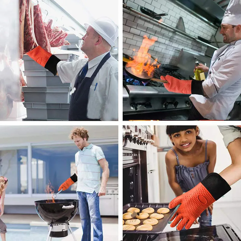 Heat Resistant Silicone Grilling Gloves Long Waterproof BBQ Kitchen Oven Mitts with Inner Cotton Layer for Barbecue