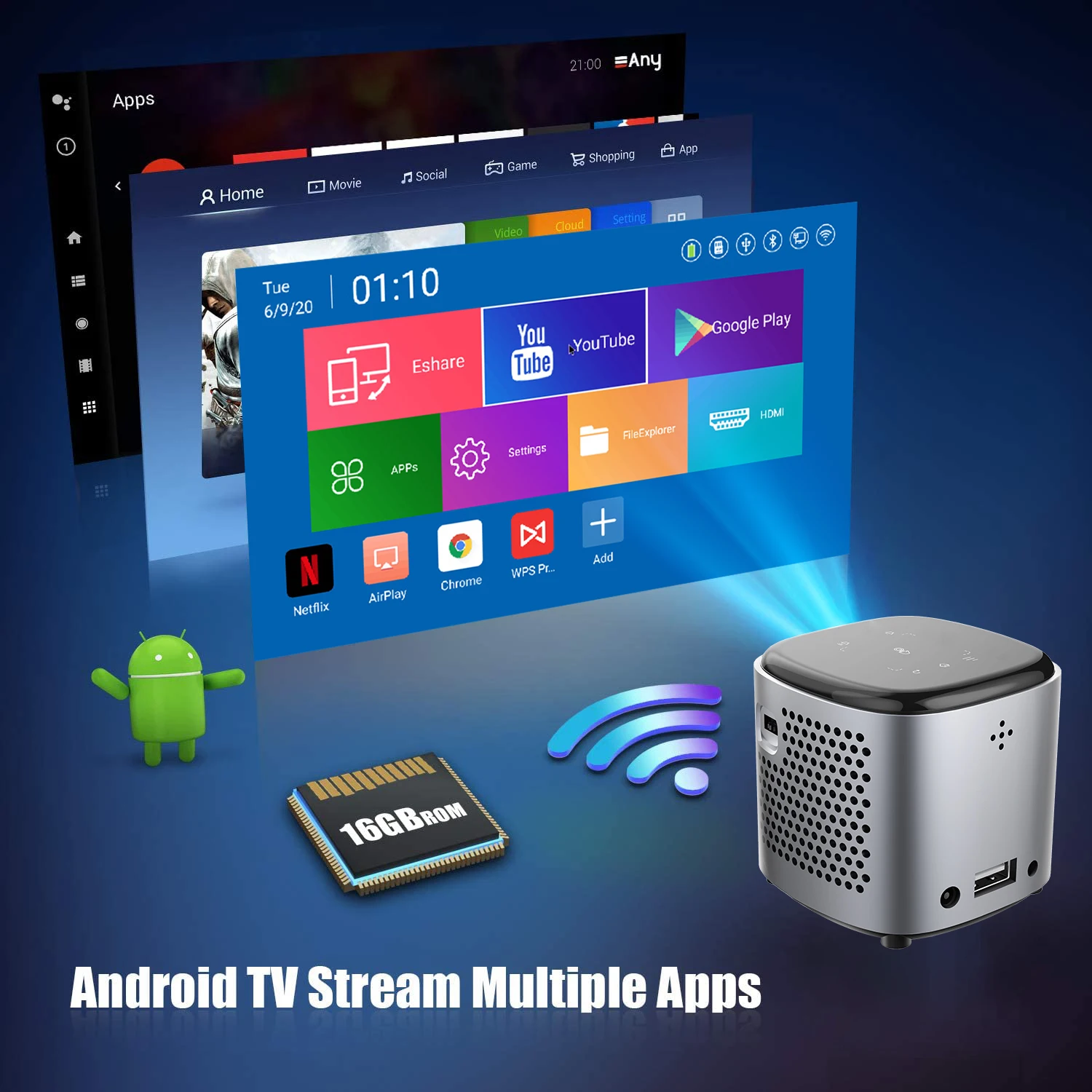 Dlp домашний кинотеатр вне фильма Wifi мини куб умный компактный 4K портативный проектор Android 7,12 проектор с приложениями