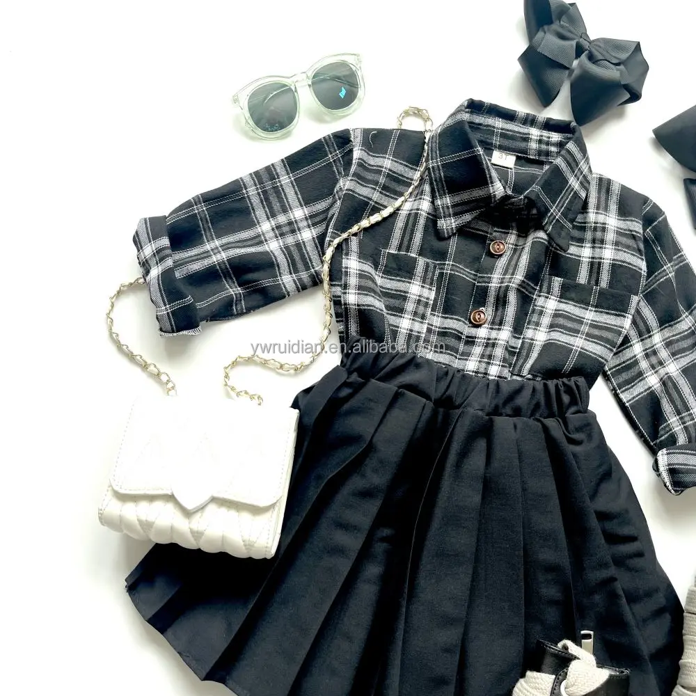 Yiwu Ruidian OEM Autumn Flannel Black And White Plaid Long-Sleeved Shirt + Black Pleated Skirt 2 Pieces Baby Girl Clothes Set