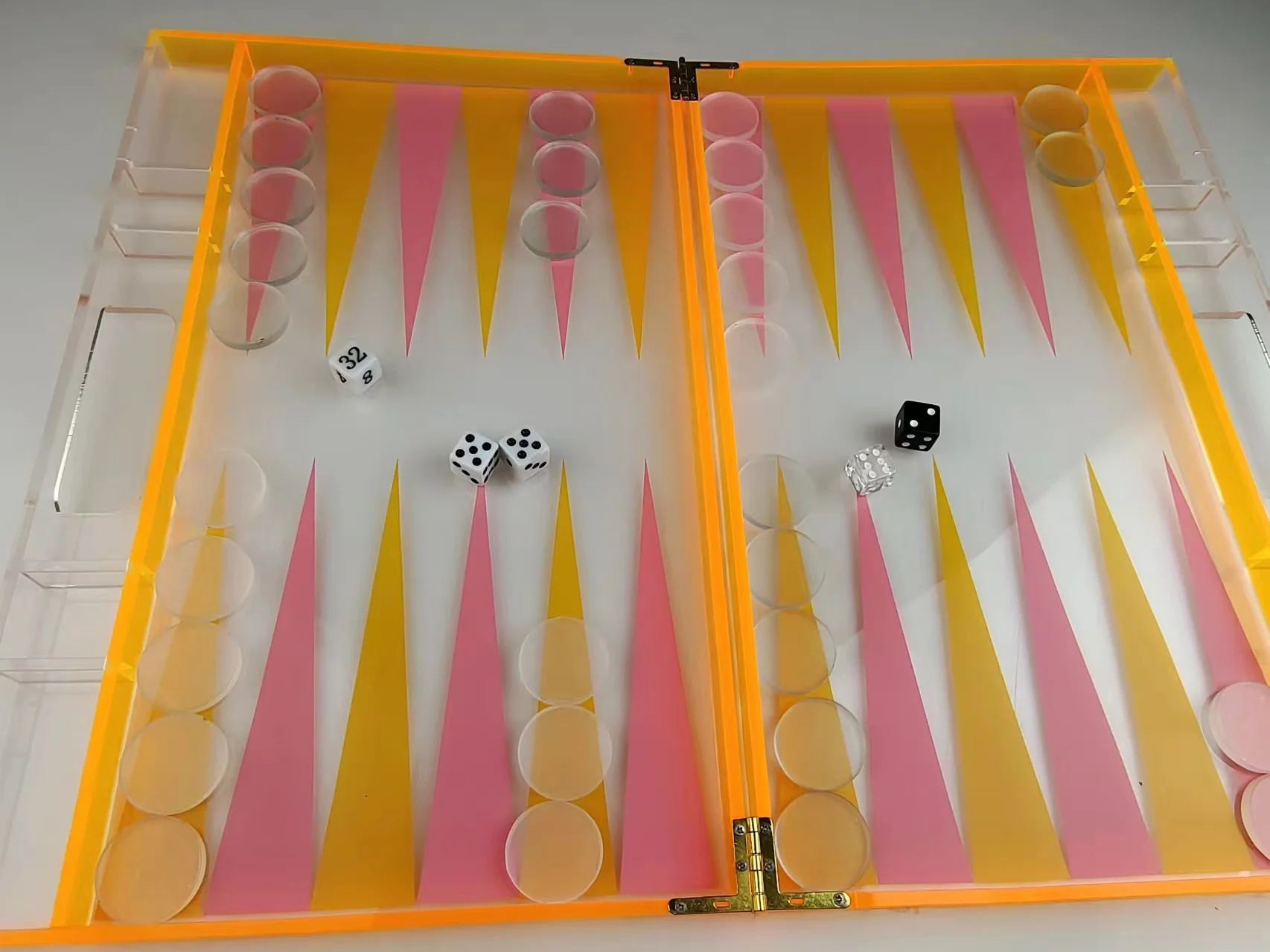 orange pink Waterproof Lucite Backgammon Set high glossy boardgame set Magnetic Closure with Handle