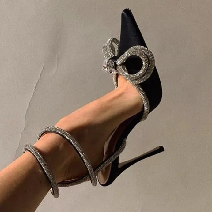 Silk Dress ShoesTalons Haut Sexy Escarpins High Quality Trendy Toe Crystal Diamond Bow High Heels Shoes For Women