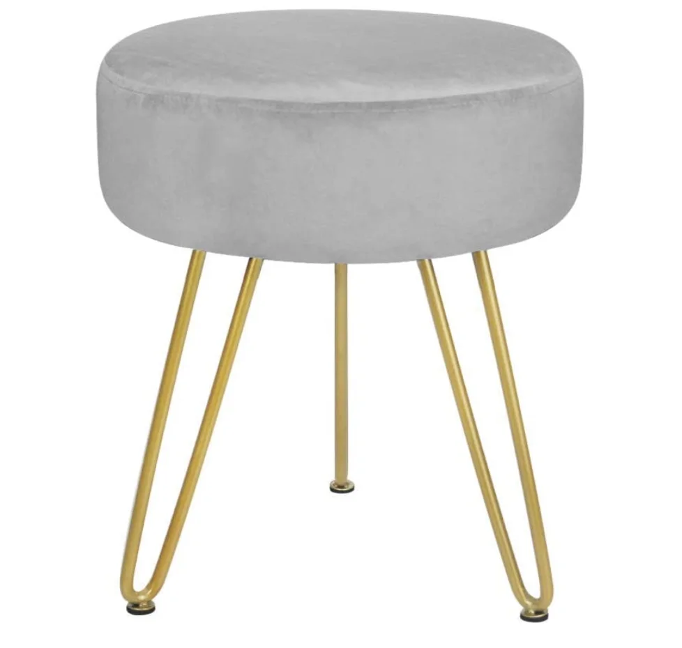 Grey Velvet Footrest Stool Ottoman Round Modern Foot Stool with Removable Golden Metal Leg for Dressing Table