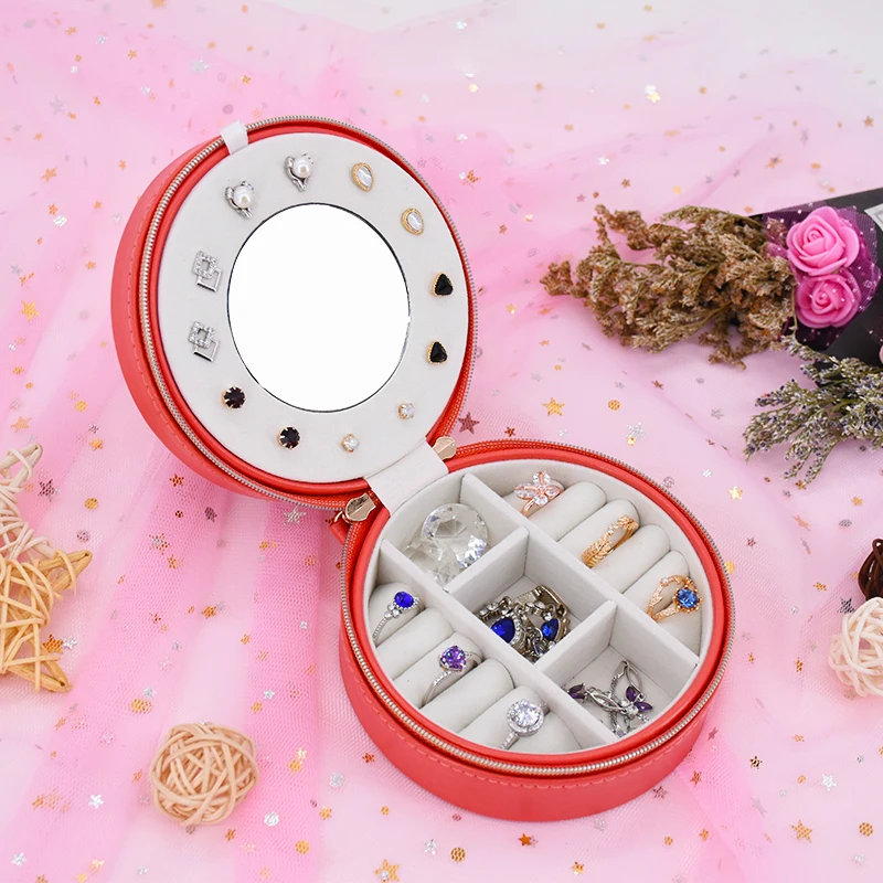 China Custom Best Selling Product With Mirror Trinket Gift ring necklace Storage Box Organizer Round Leather Jewelry Boxes