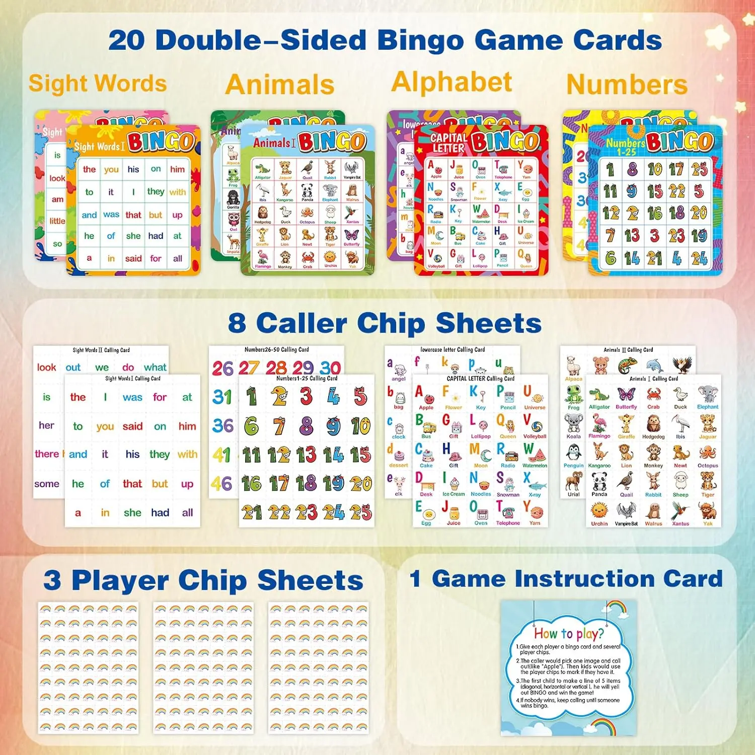Alphabet Bingo Game Kids Sight Word Bingo Set Number Letter Animal Board Game for Kindergarten Preschool Counting