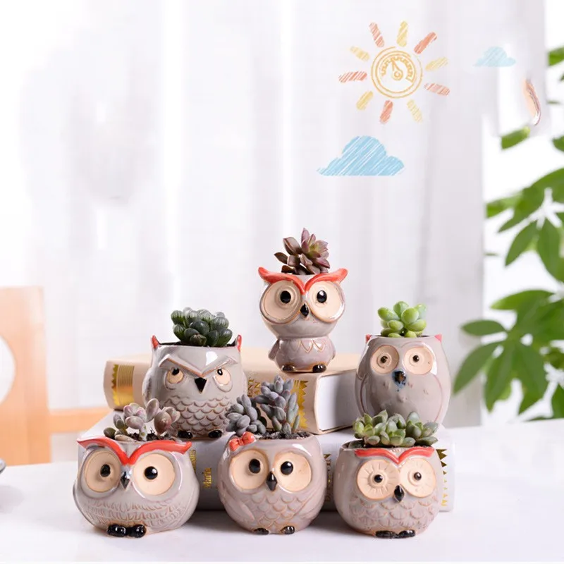 Wholesale Small Indoor Tabletop Potted Decoration Ceramic Animal Owl Shape Succulent Planters Plant Pots