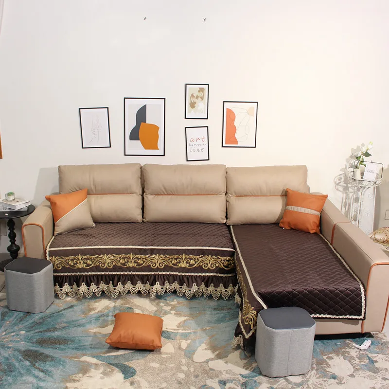 Washable Velvet Non Slip Soft sofa pad cover Heavy work embroidery hot sell Sofa Cover Slipcover With Lace Decoration