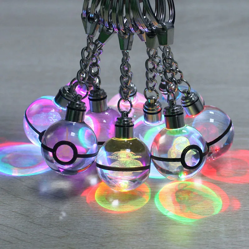 3d Laser Engraving Poke Ball Key Ring Cartoon Pocket Monsters Led Keyring Crystal Keychain Birthday Gifts For Kids