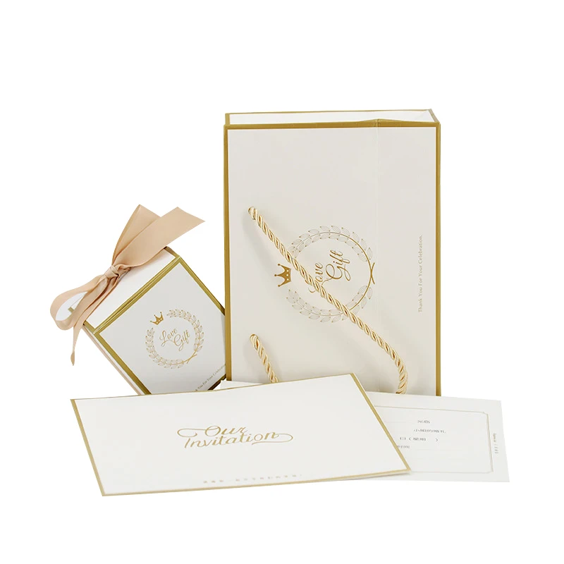 Custom Wholesale Luxury White Color Printing Paper Bag Set Card Paper Gift Box Packaging for Wedding