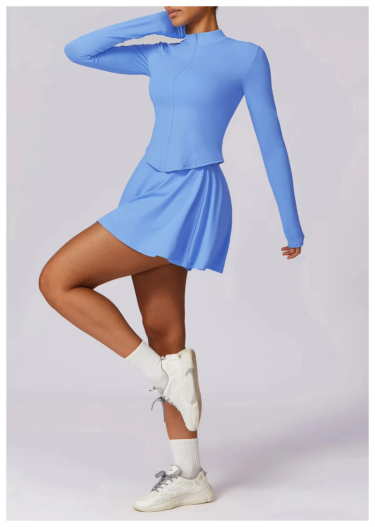 OEM Women Sports Long Sleeve Jacket Tennis Skirts Two Pieces Sets Fitness Yoga Wear Set