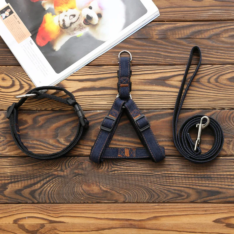 Denim Fabric Accessories Collar Leash Dog Harness Set Soft Vest Dog Harness Pet