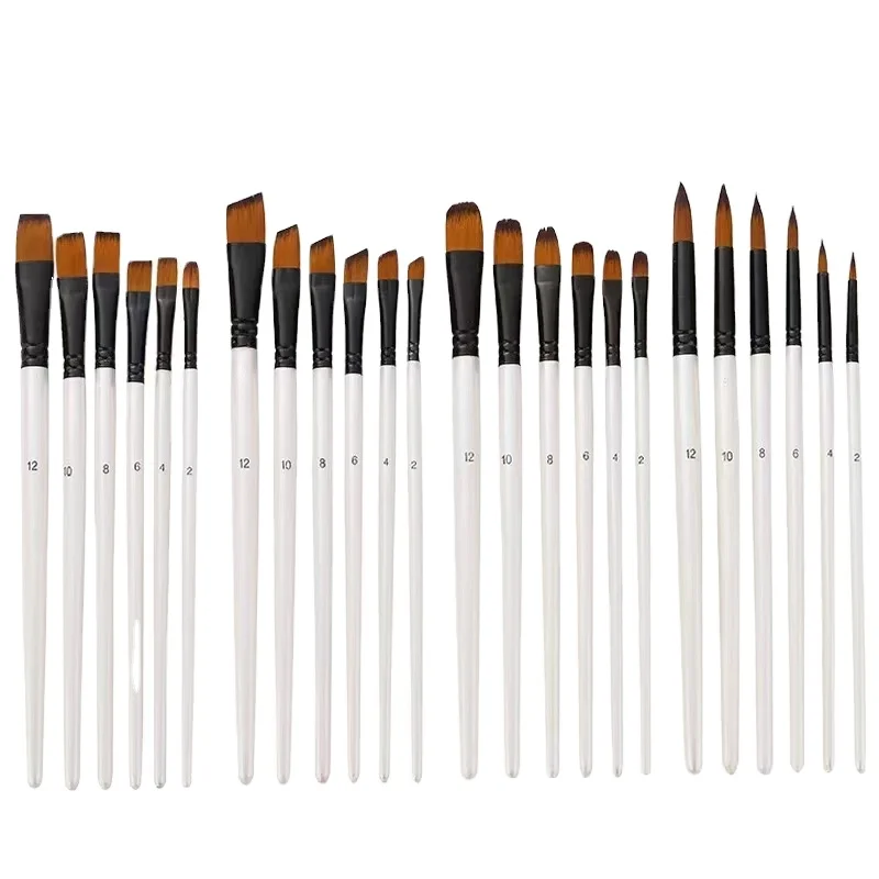 6pcs Pearl White Barrel Nylon Oil Brush Round Flat Hair Shape With Wood Handle Painting Brush Wholesale