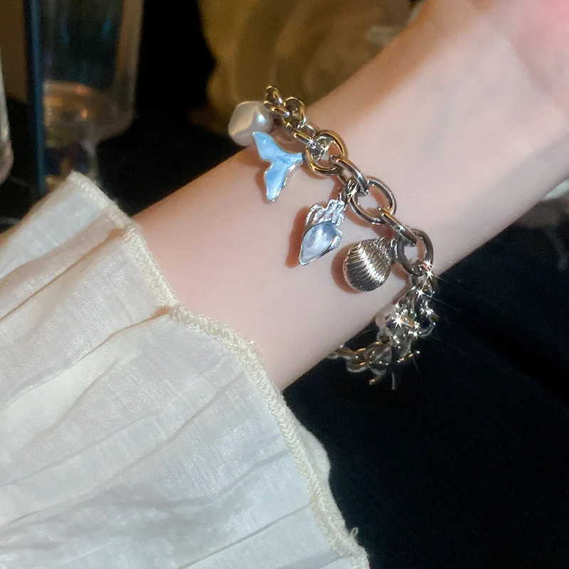 Ocean Style Elegant Bracelet With Faux Pearl Shell Mermaid Tail Drip Oil Charm For Women Summer Beach bracelet