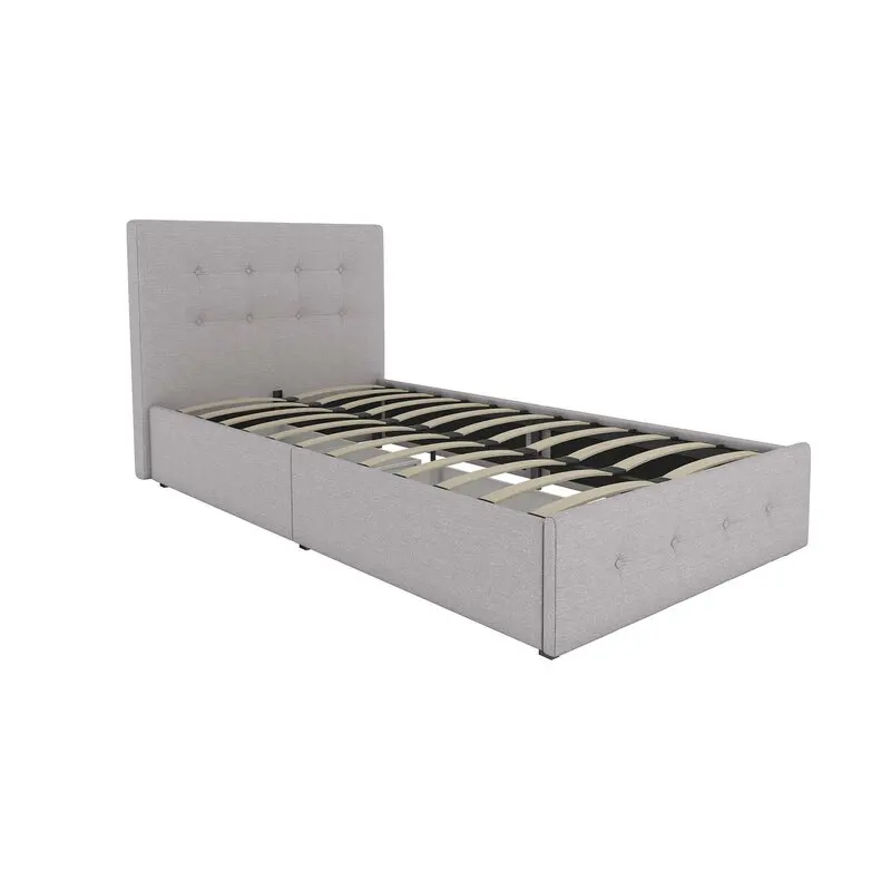 Latest Design Gray Fabric Storage Platform Bed Crystal Buttons Faux Leather Bed with Drawers