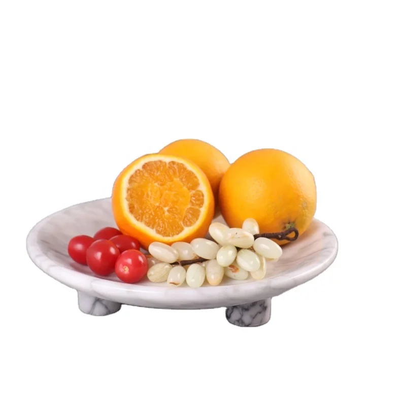 Light luxury style hotel home decoration ornaments natural marble standing round tray fruit disc crafts