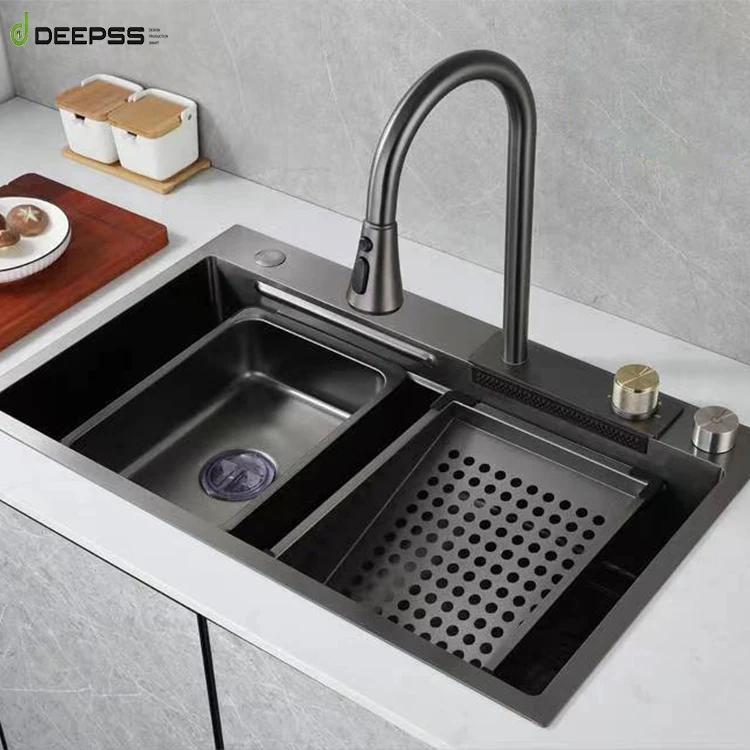 DEEPSS 304 ss countertop pull out waterfall faucet sink kitchen mixer water tap for kitchen bathroom with Turn type diverter