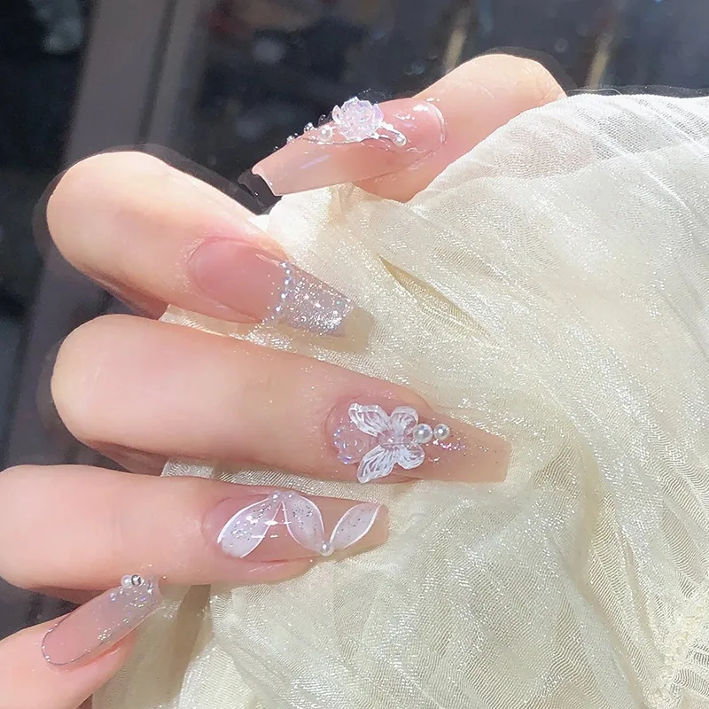 Long Fake Nail Tips Very Beautiful White Lace Flower Butterfly Pearl Press On Nails