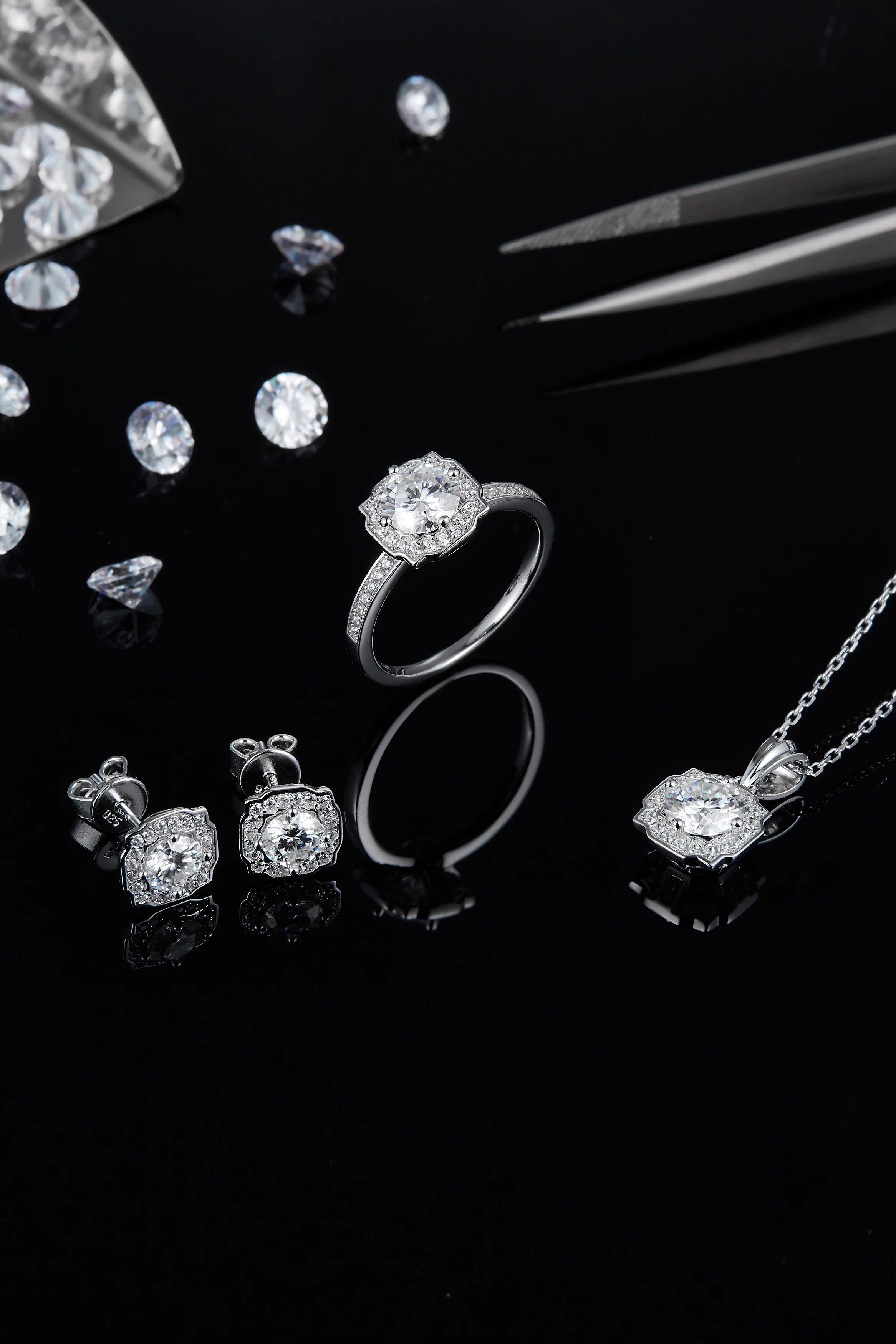 GRA Certified 1ct 925 Sterling Silver Round Brilliant Cut D  Moissanite Wedding Necklace Earring Jewelry Sets for Women Diamond