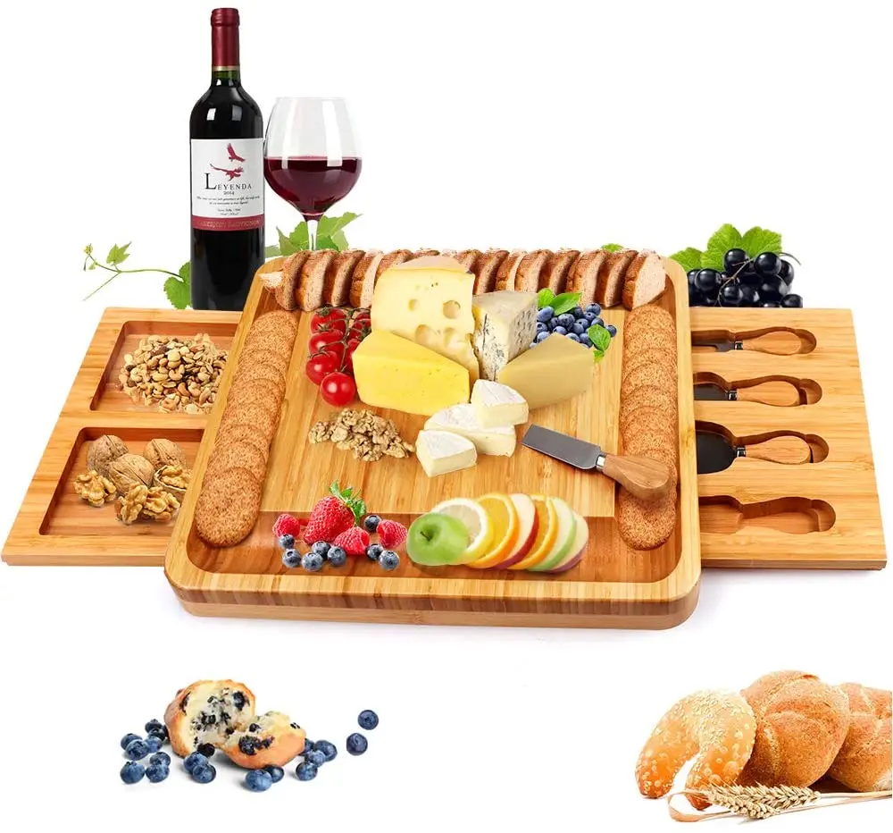 Bamboo Cheese Board with Cheese Tools, Cheese Plate Charcuterie Platter with Utensils Set and 4 Stainless Steel Cutting Knives (1600335483357)
