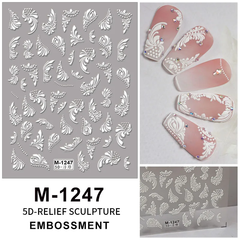 Factory Direct 5D White Flower Nail Art Stickers Design Embossed Nail Decal Manicure Stickers for Nail Salon