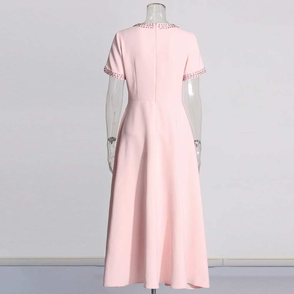 TWOTWINSTYLE 2024 New Arrivals Nail Drill Bow Short Sleeved High Waist a Line Elegant Dress for Women