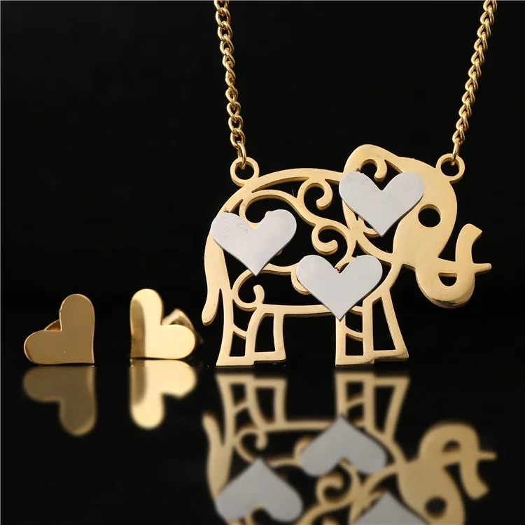 
Hollow out Elephant Two Tone design necklace and heart stud set 18K gold stainless steel High polished fashion jewelry set 
