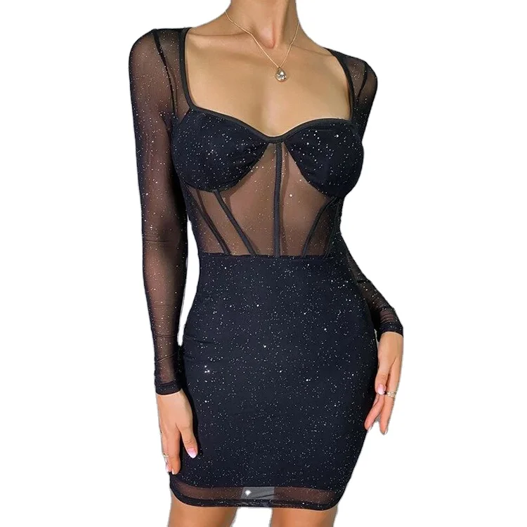 Модный дизайн, женское сексуальное платье с длинным рукавом и блестками, длинное платье для ночного клуба