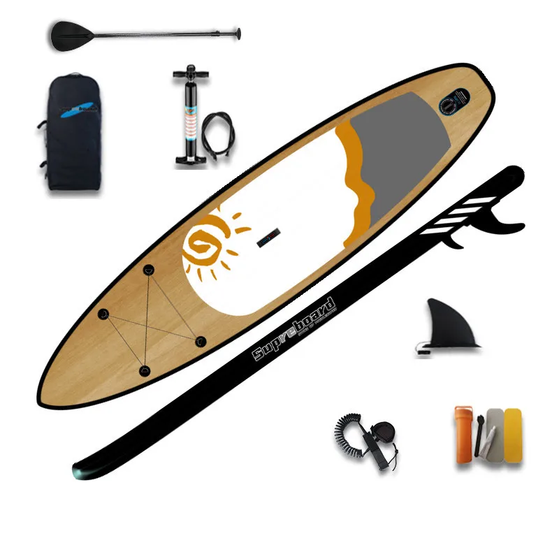 
Wood Skin Design Inflatable Paddle Board Stand Up Paddle Board ISUP Package 6 Inch Thick For Beginners And Experts 
